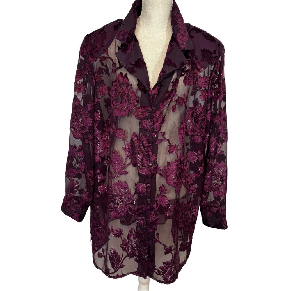 Burgundy Purple Burnout Velvet Floral Button Up Sheer Shirt Top 2X Whimsigoth